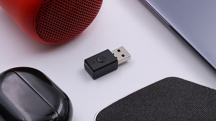 indoor table sitting small piece orange desk mouse computer holding remote